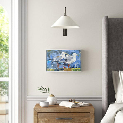 Blue abstract oil painting of three little birds by Volodymyr Gluhomanyuk on wall