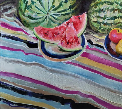 Oil painting of vibrant red and green watermelon slice on blue-rimmed plate by Leonid Pavlenko