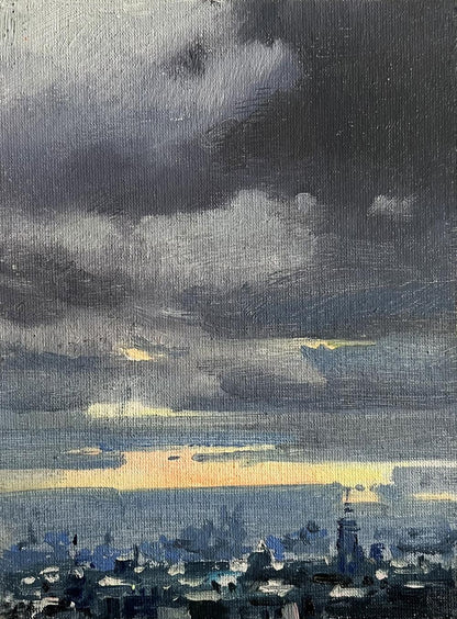 Oil painting of yellow sunset over city by Tatyana Derdey