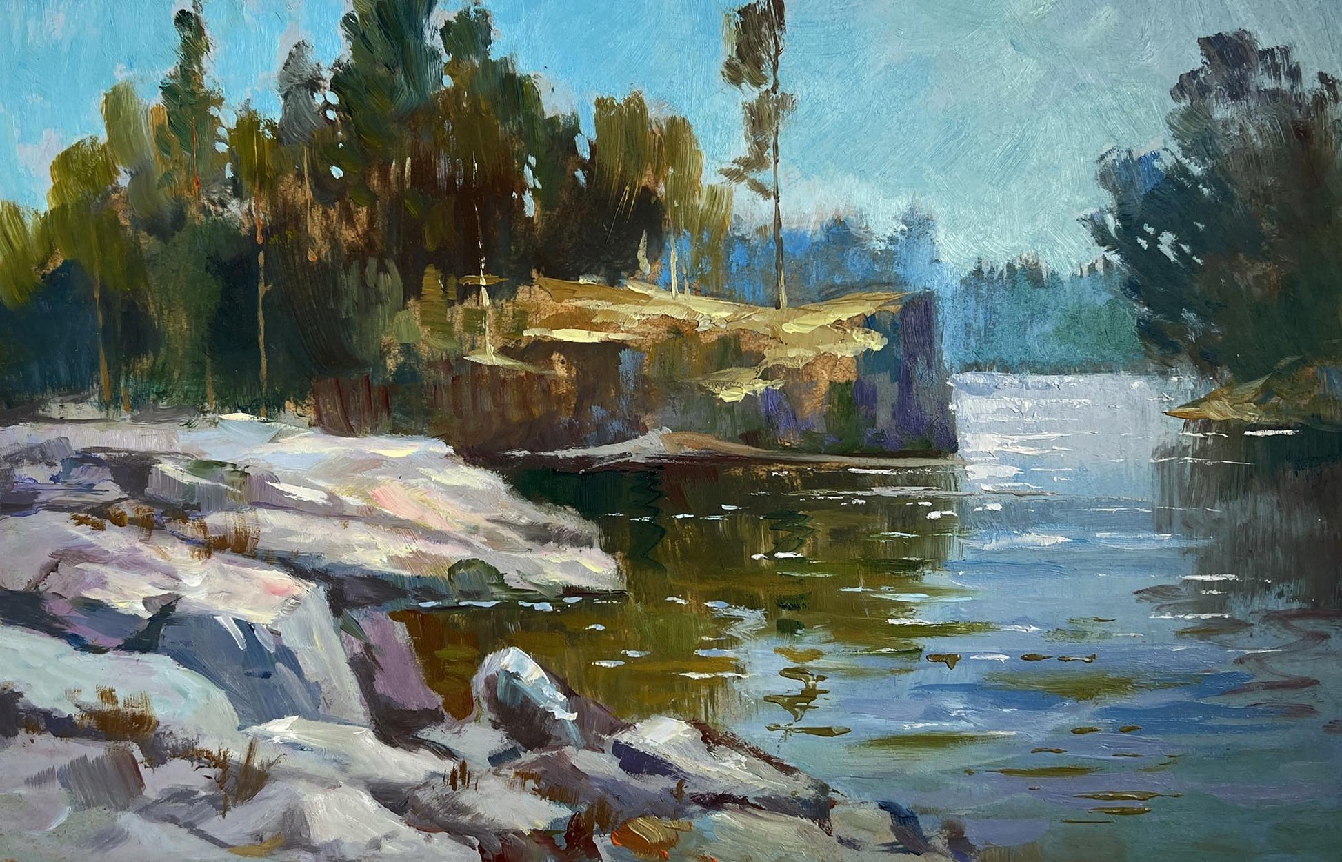 Serene oil painting Walk along the river by Yuriy Suprunchuk, tranquil river scene