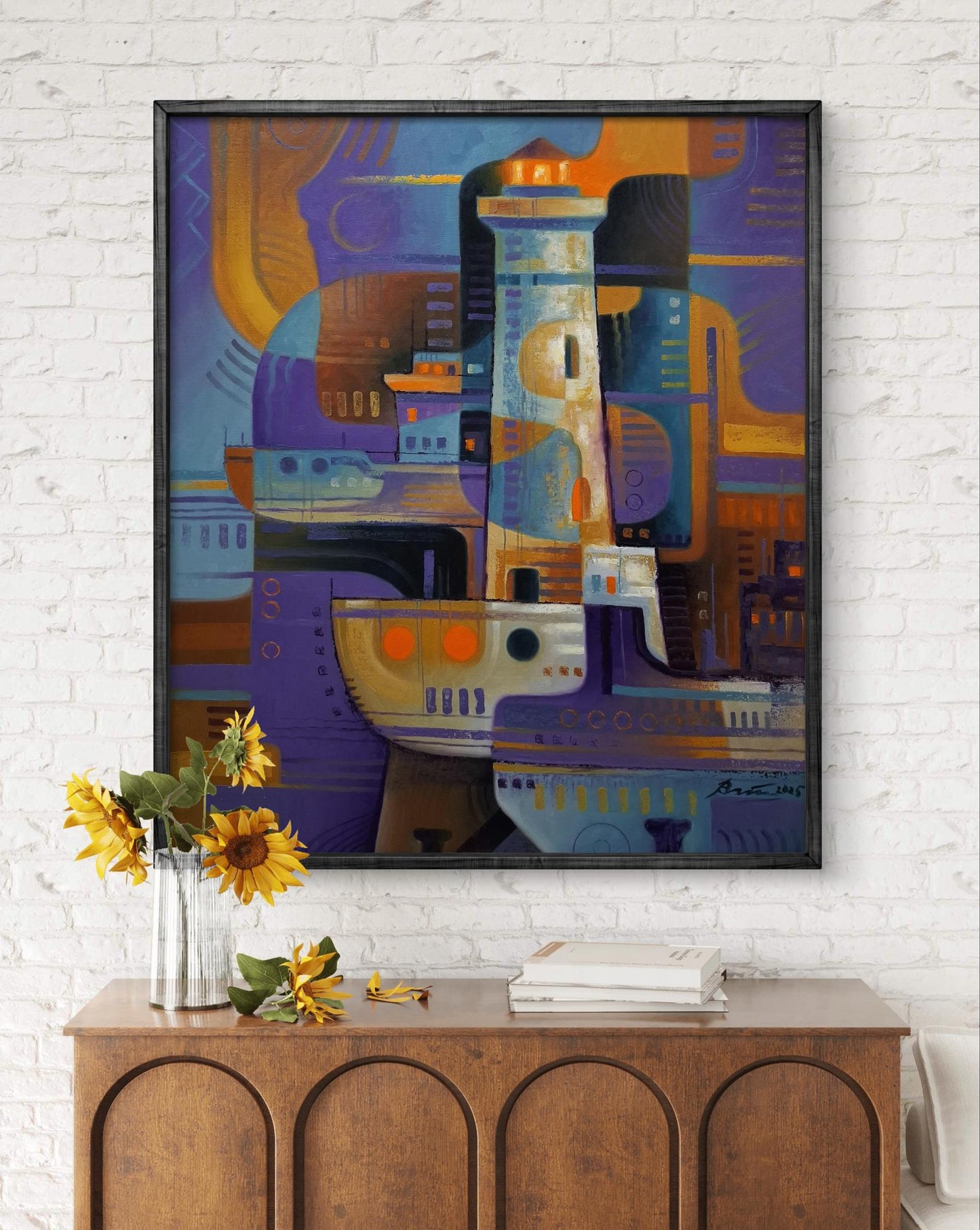 Oil painting of lighthouse and ships by Sergiy Voichenko in black frame