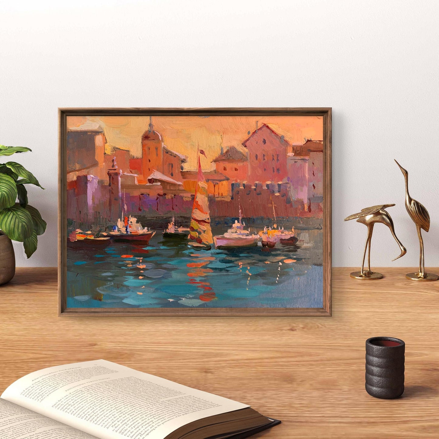Framed oil painting Evening at the yacht club by Yuriy Suprunchuk
