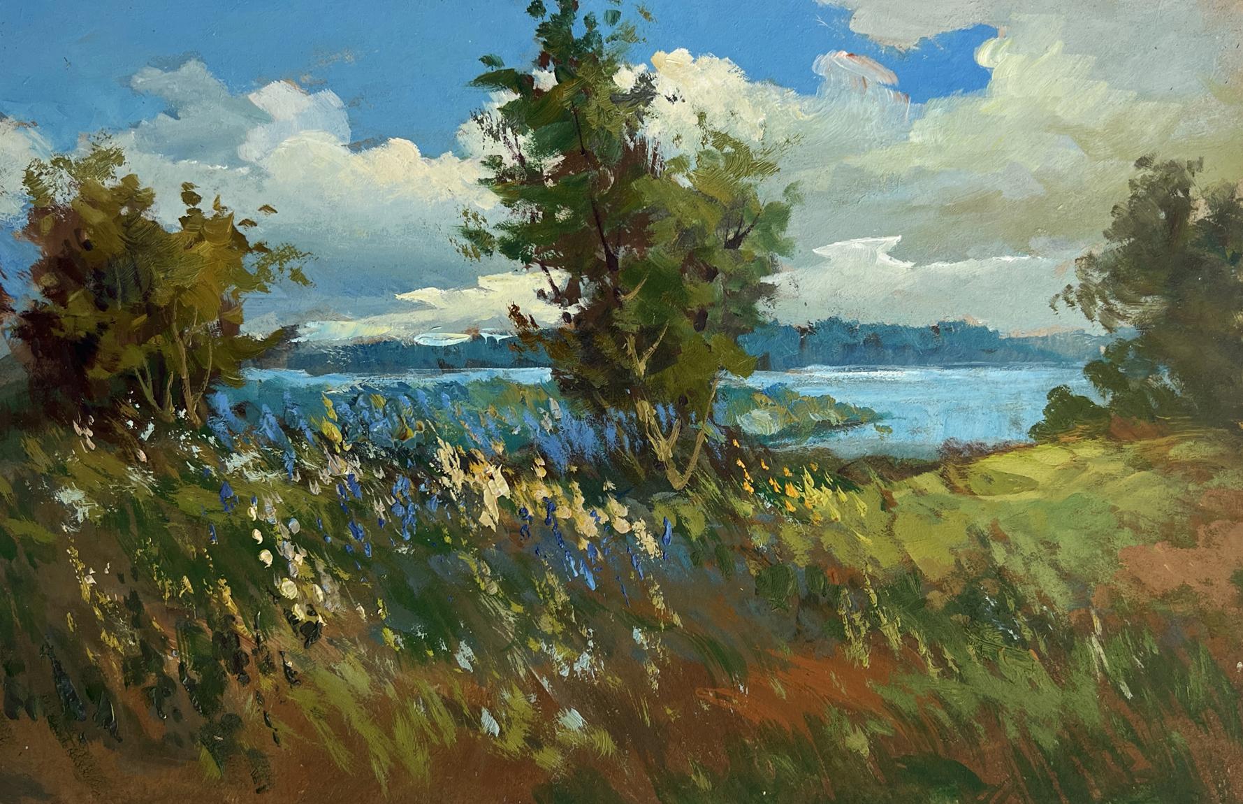 Vibrant oil painting of flower field and river by Yuriy Suprunchuk