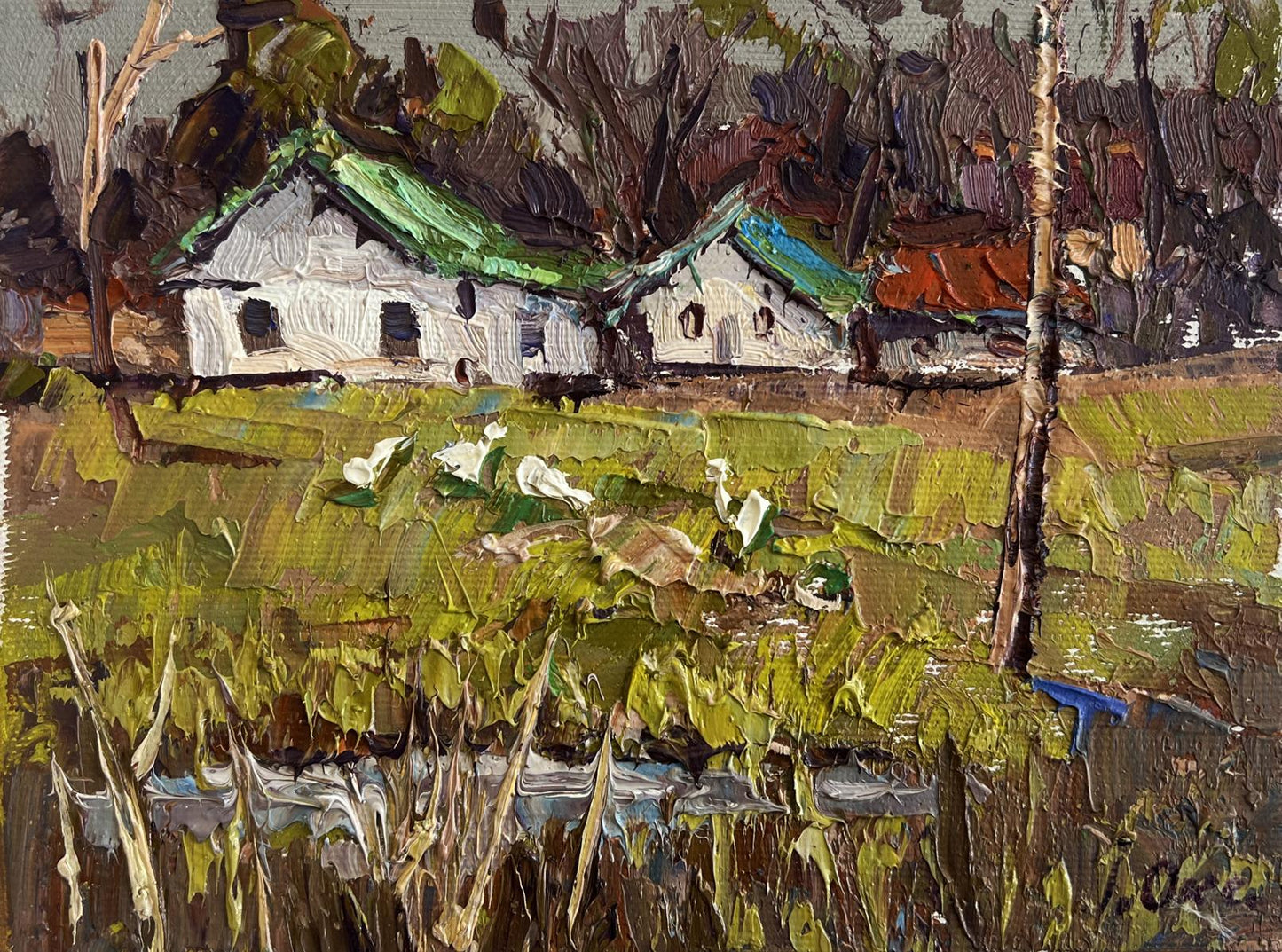 Oil painting Near the village lake by Oksana Ivanyuk: rustic white house with green roof among trees