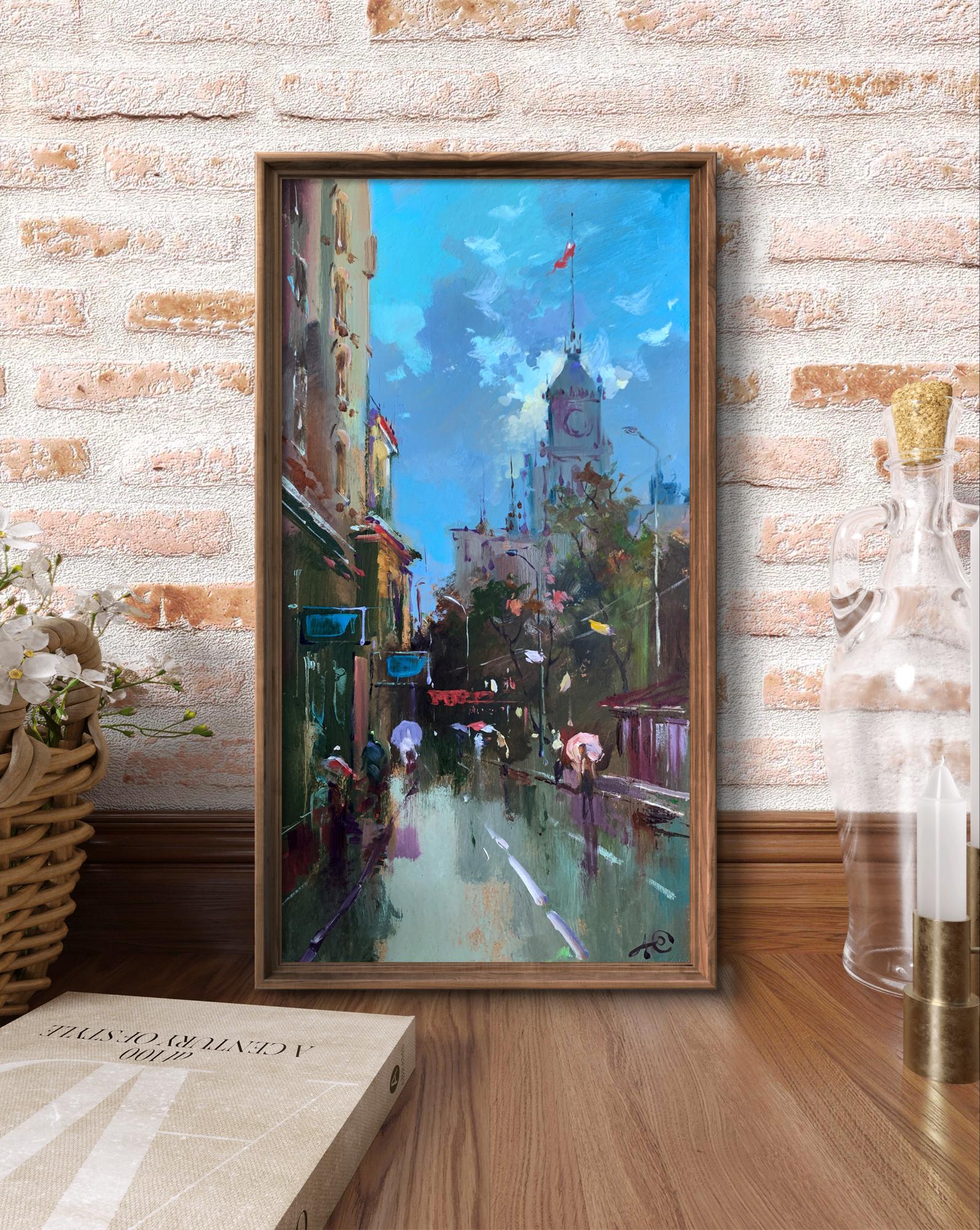 Framed oil painting City bustle by Yuriy Suprunchuk rainy street scene