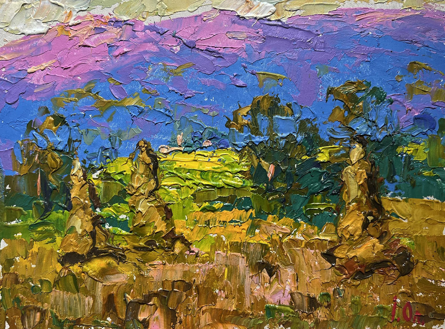 Vibrant impressionist oil painting of haystack and mountains by Oleksiy Ivanyuk