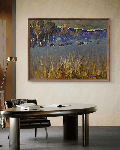 Oil painting In the cold steppes by Oleksiy Ivanyuk, abstract blue landscape