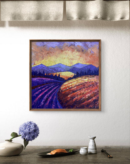 Oil painting Mountain Sunset V. Zadorozhnya in square wooden frame