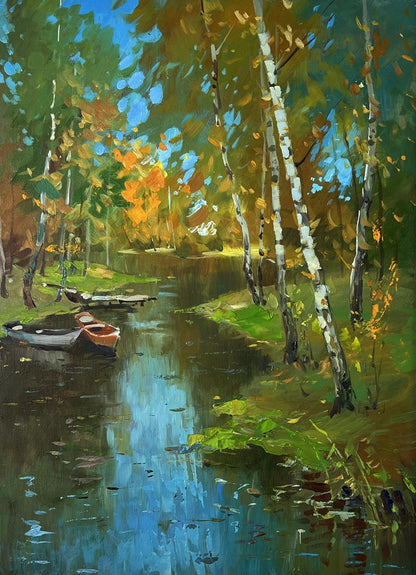 Vibrant impressionist oil painting of autumn river forest with birch trees and boats by Yuriy Suprunchuk