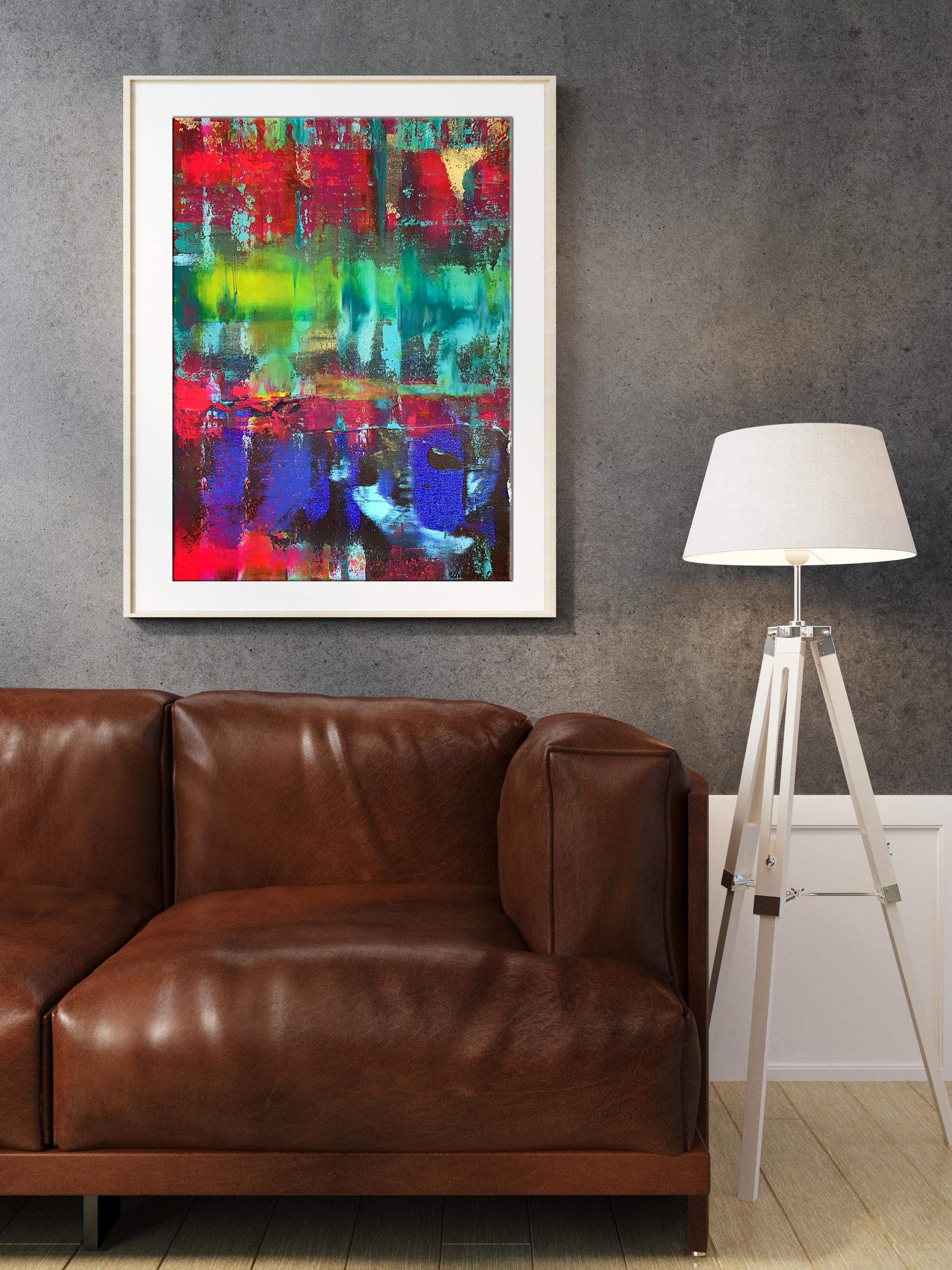 Vibrant Magic Wand acrylic painting by Olga Melezhik in white frame on gray wall