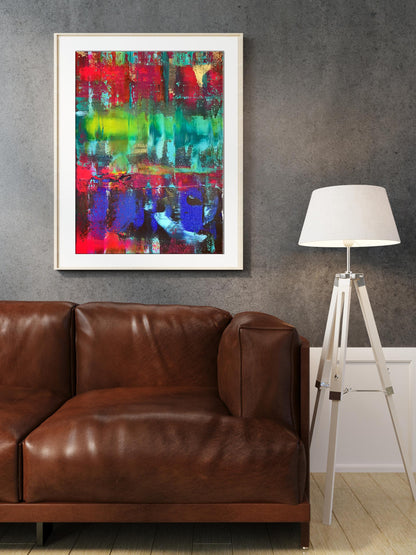 Vibrant Magic Wand acrylic painting by Olga Melezhik in white frame on gray wall