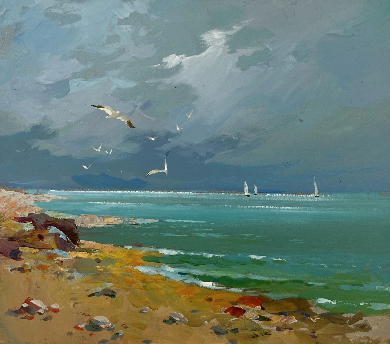Oil painting Seagulls over the seashore by Yuriy Suprunchuk, turquoise sea and sailboats