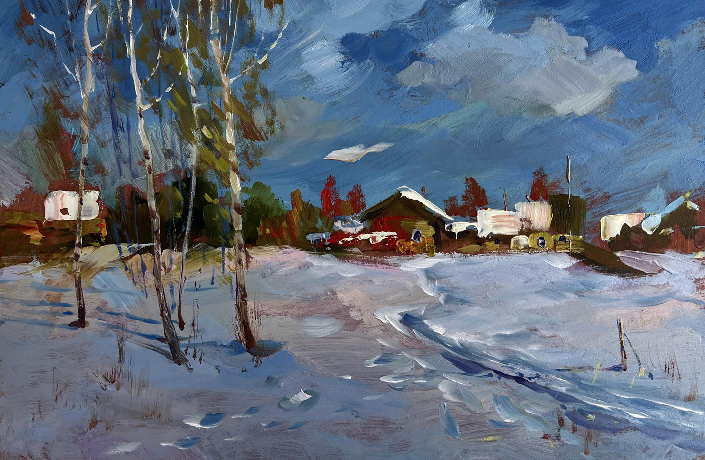 Winter path leading home oil painting by Yuriy Suprunchuk with birch trees