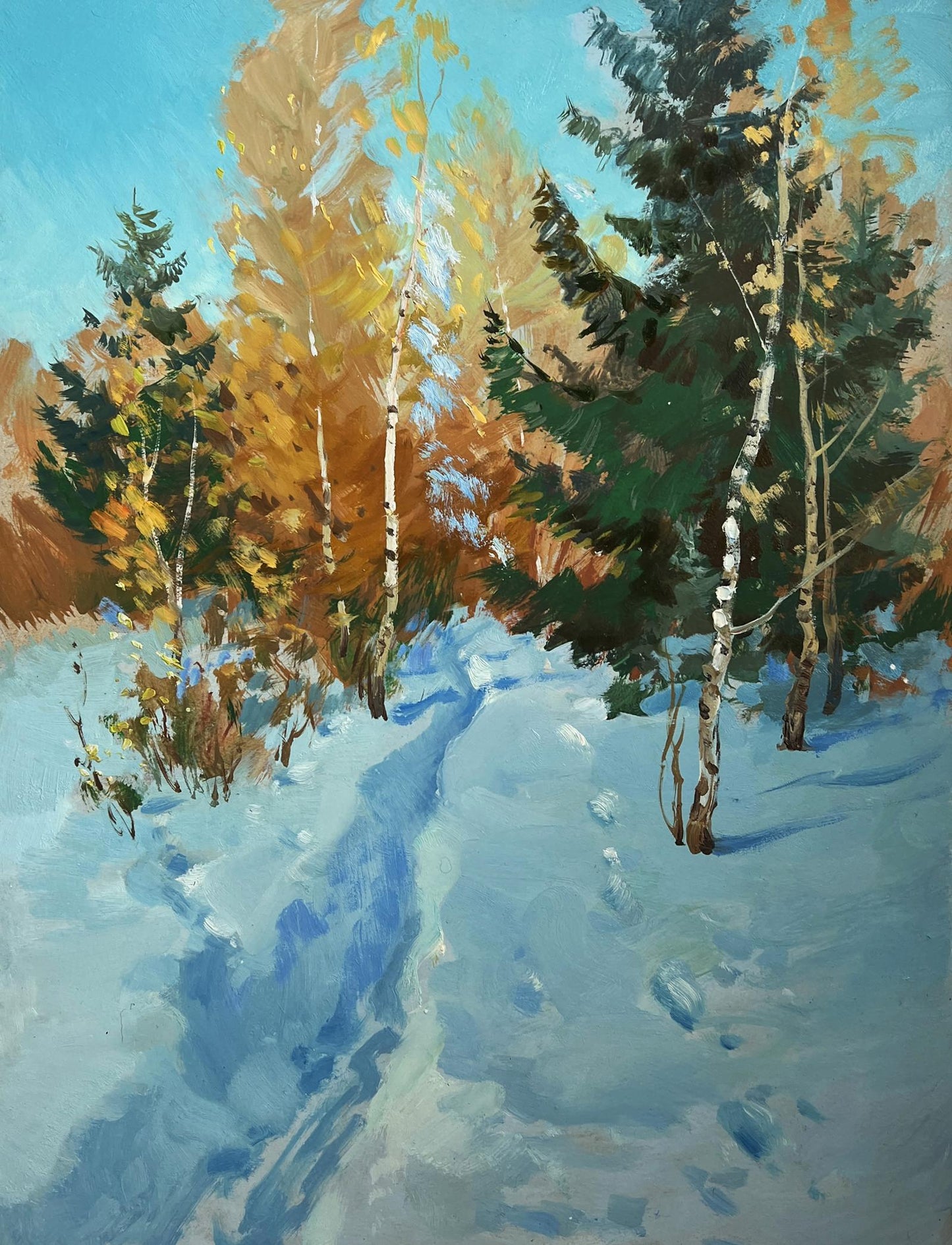 Serene winter forest path oil painting by Yuriy Suprunchuk