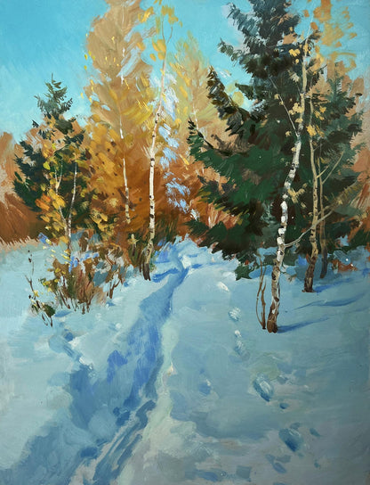 Serene winter forest path oil painting by Yuriy Suprunchuk