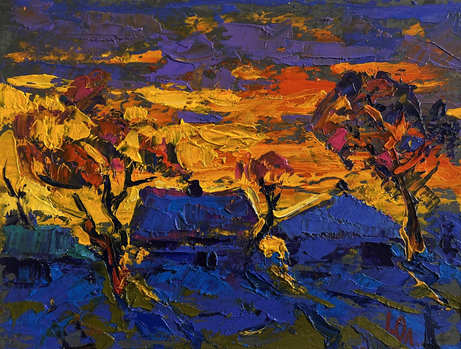 Vibrant impressionist oil painting A blazing evening in the village by Oleksiy Ivanyuk