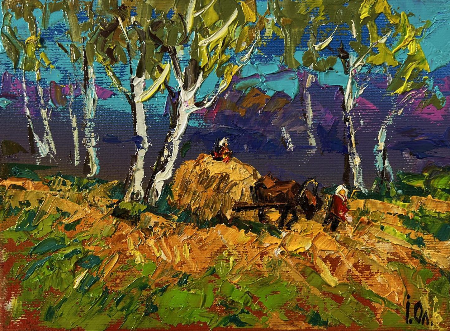 Vibrant Oleksiy Ivanyuk oil painting The Road Home with birch trees and hay bale