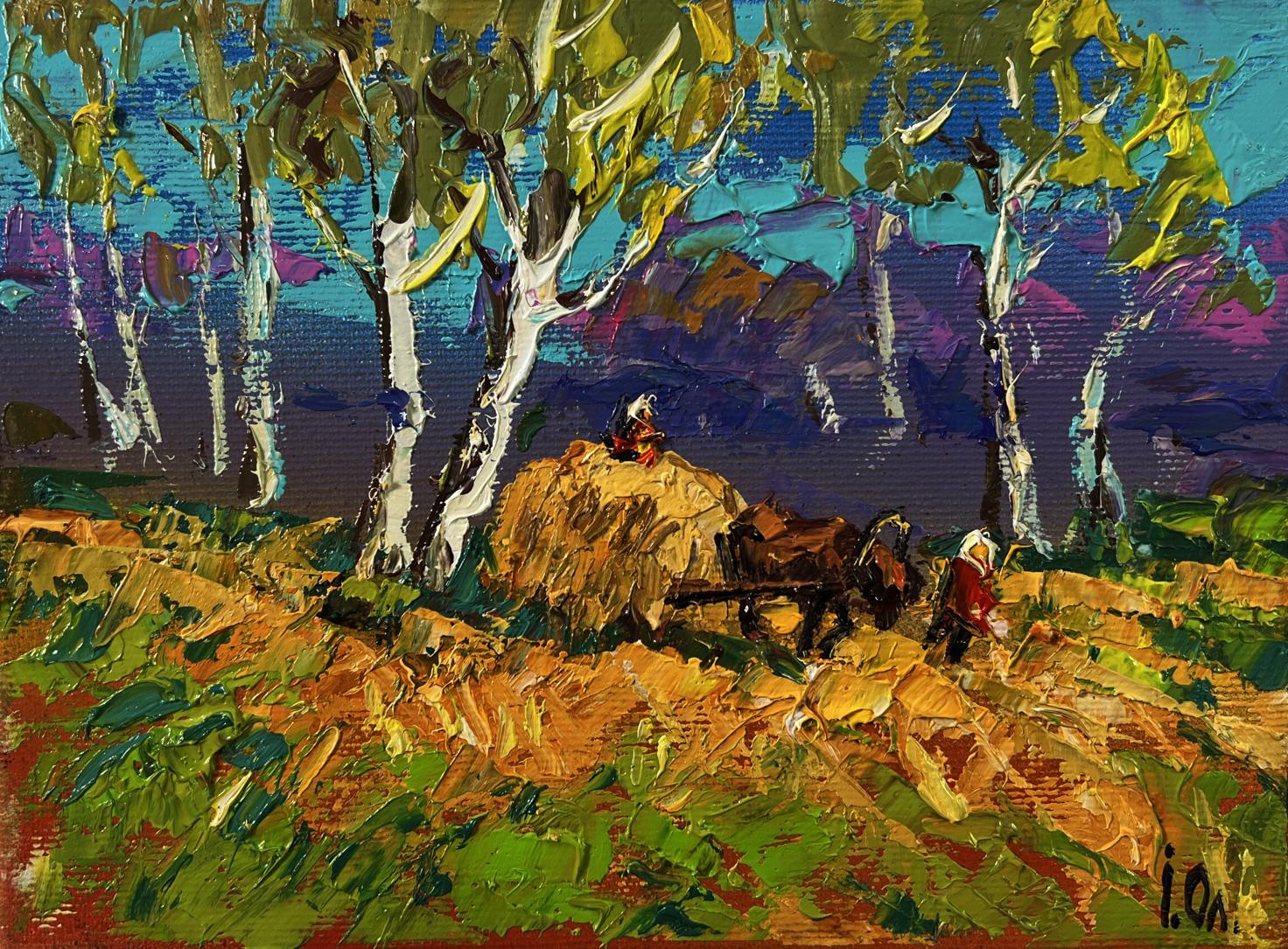 Vibrant Oleksiy Ivanyuk oil painting The Road Home with birch trees and hay bale