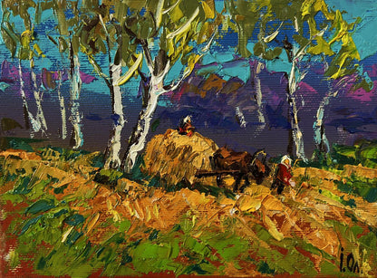 Vibrant Oleksiy Ivanyuk oil painting The Road Home with birch trees and hay bale