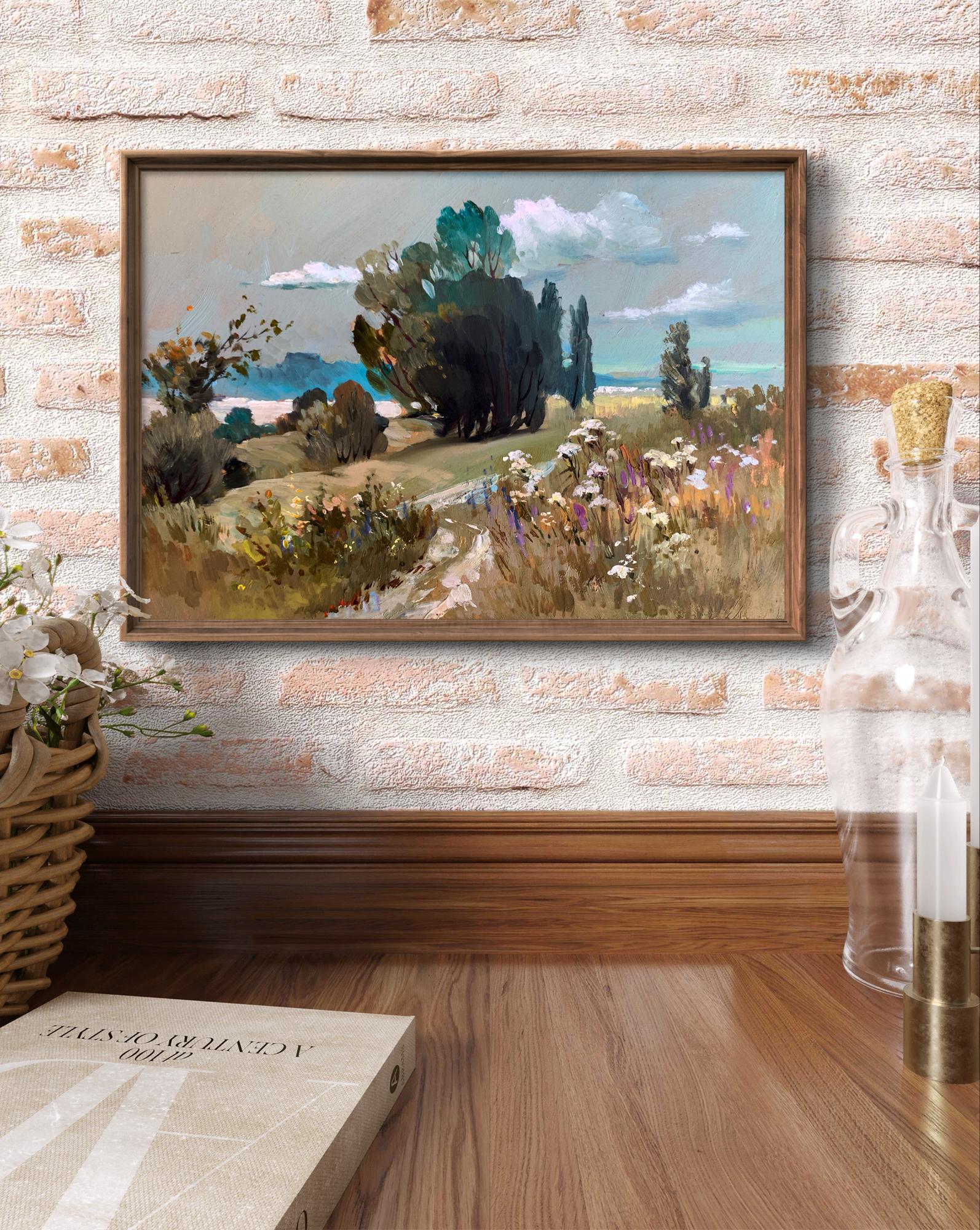 Oil painting Flower field by Yuriy Suprunchuk in rustic wooden frame