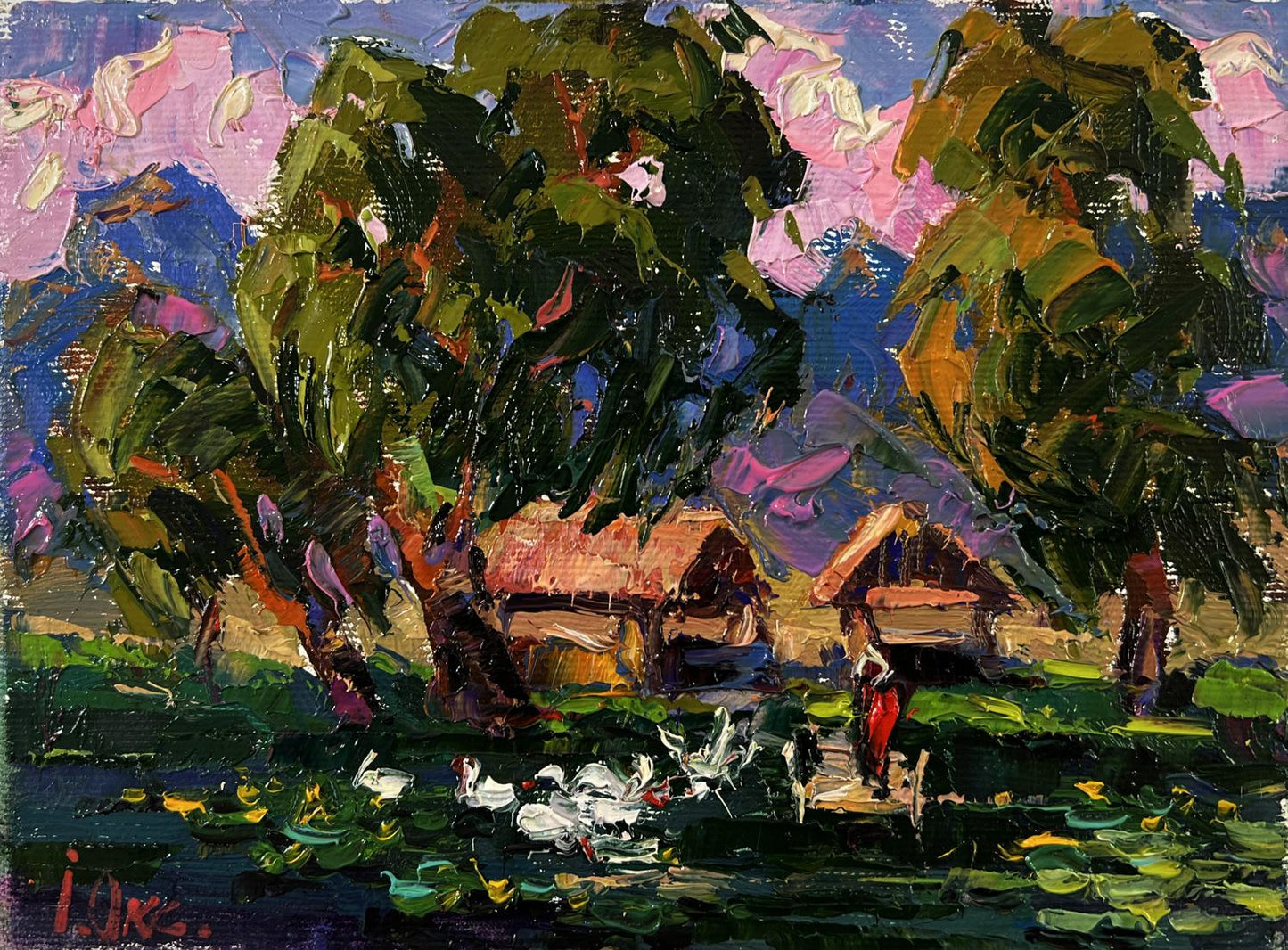 Vibrant impressionist oil painting by Oksana Ivanyuk of geese in village lake