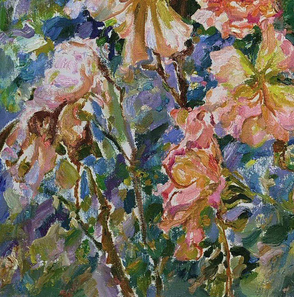 Vibrant impressionist oil painting of blooming rose bush by Leonid Pavlenko