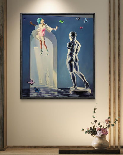Oil painting Flight of Meletus by Igor Konovalov: woman in pink dress with butterflies