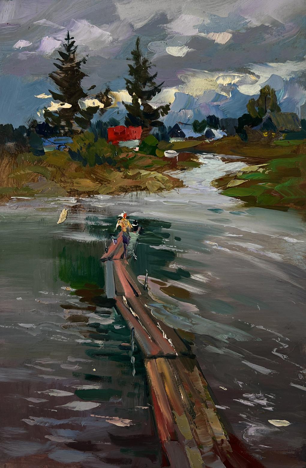 Oil painting of girl on weathered pier by river, Yuriy Suprunchuk