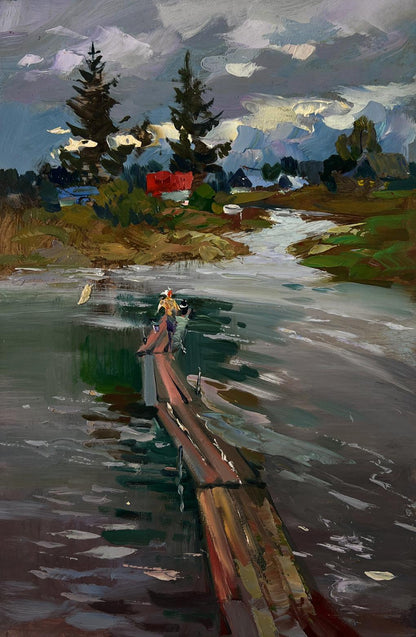 Oil painting of girl on weathered pier by river, Yuriy Suprunchuk