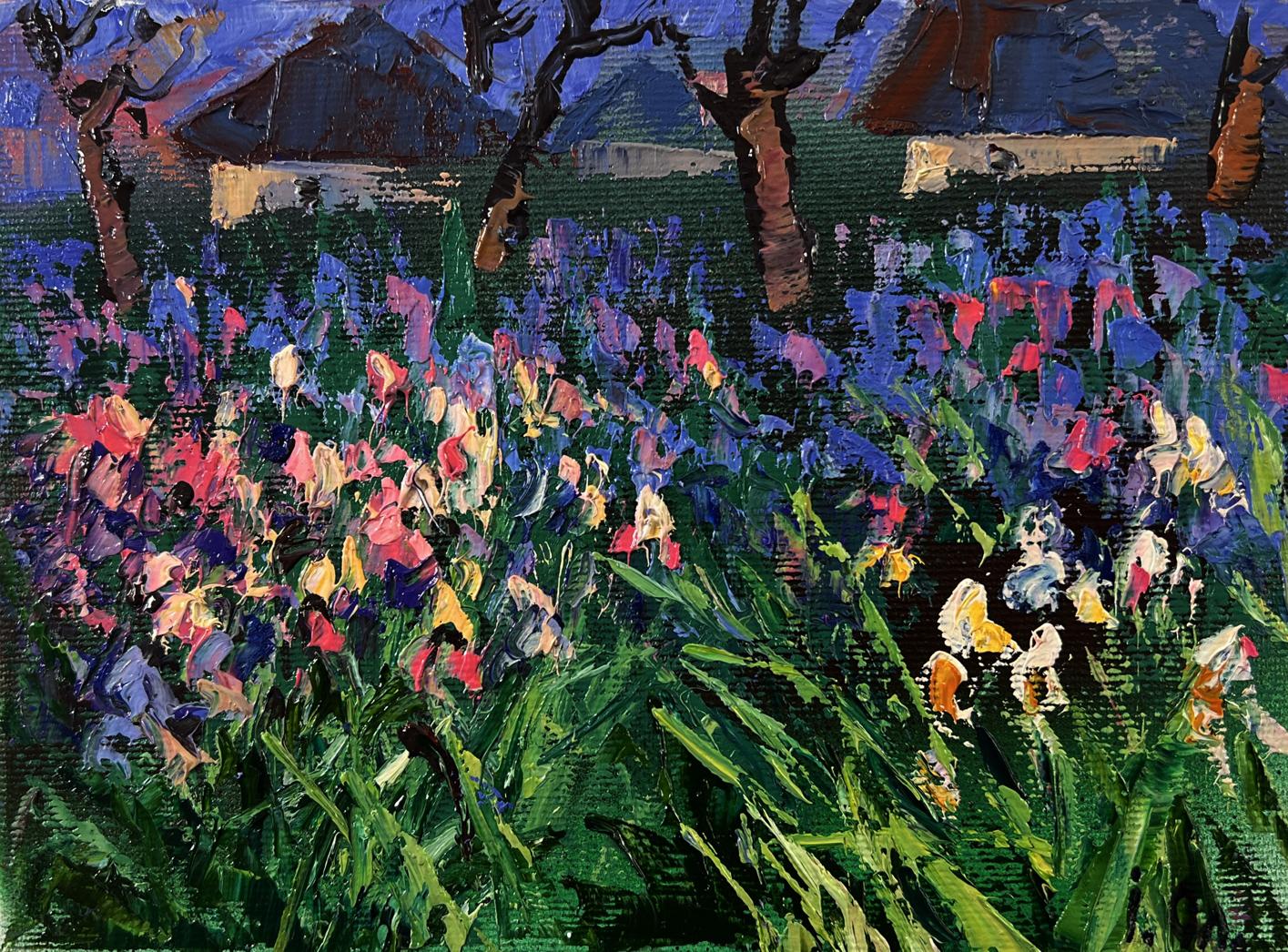 Vibrant irises in purple pink yellow by Oleksiy Ivanyuk oil painting