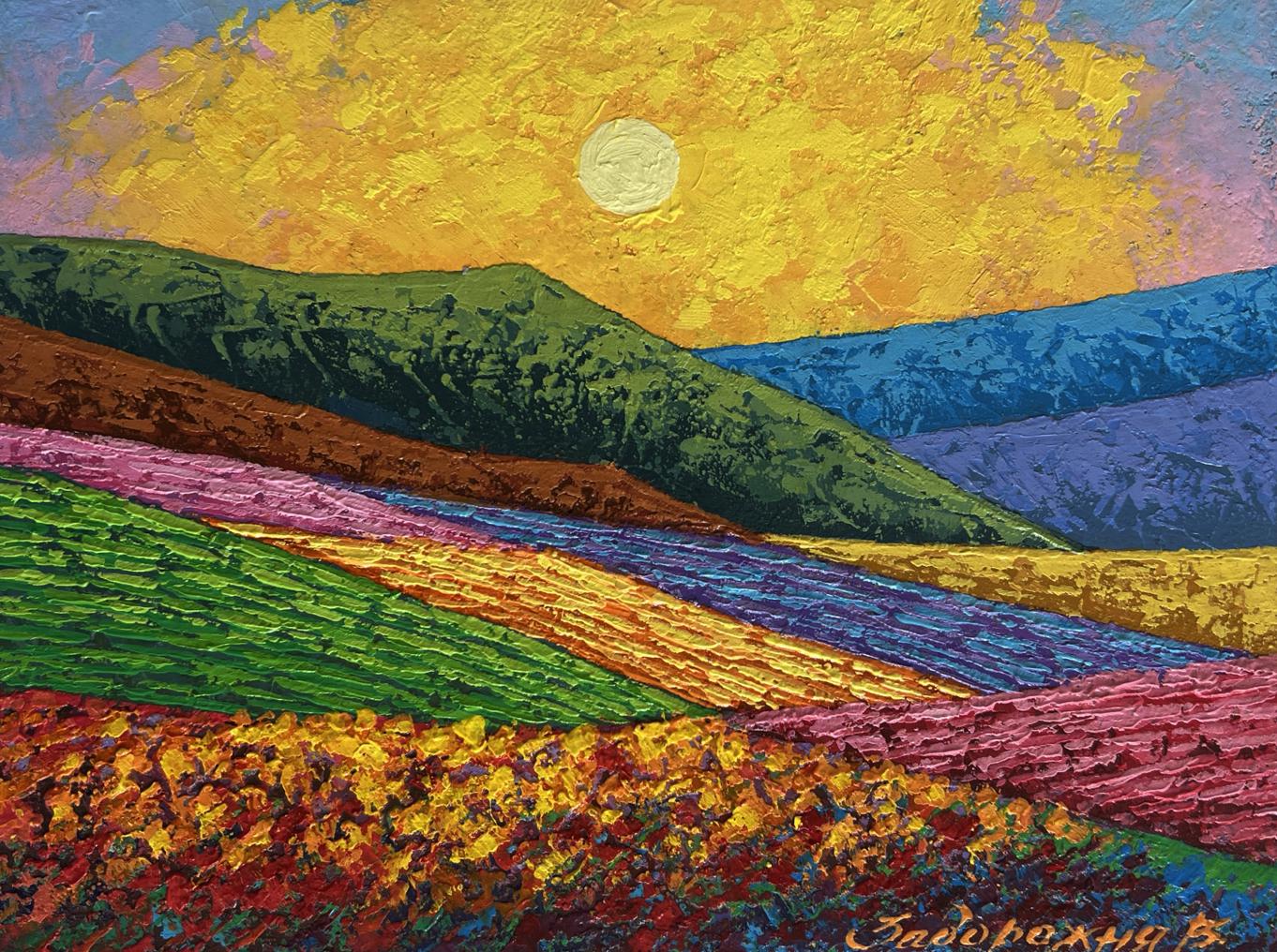 Vibrant impressionist oil painting of Sunset palette over mountain valley by V. Zadorozhnya