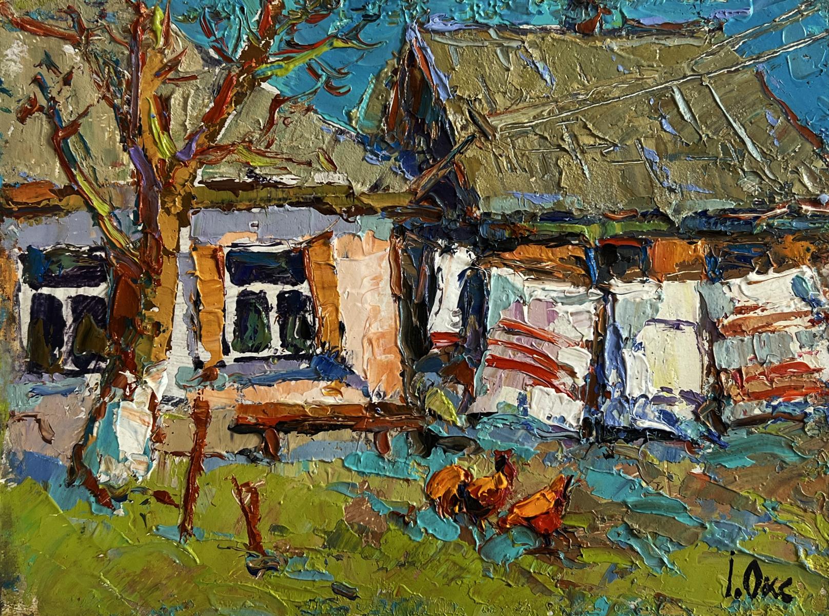 Impasto oil painting by Oksana Ivanyuk: rustic village courtyard house