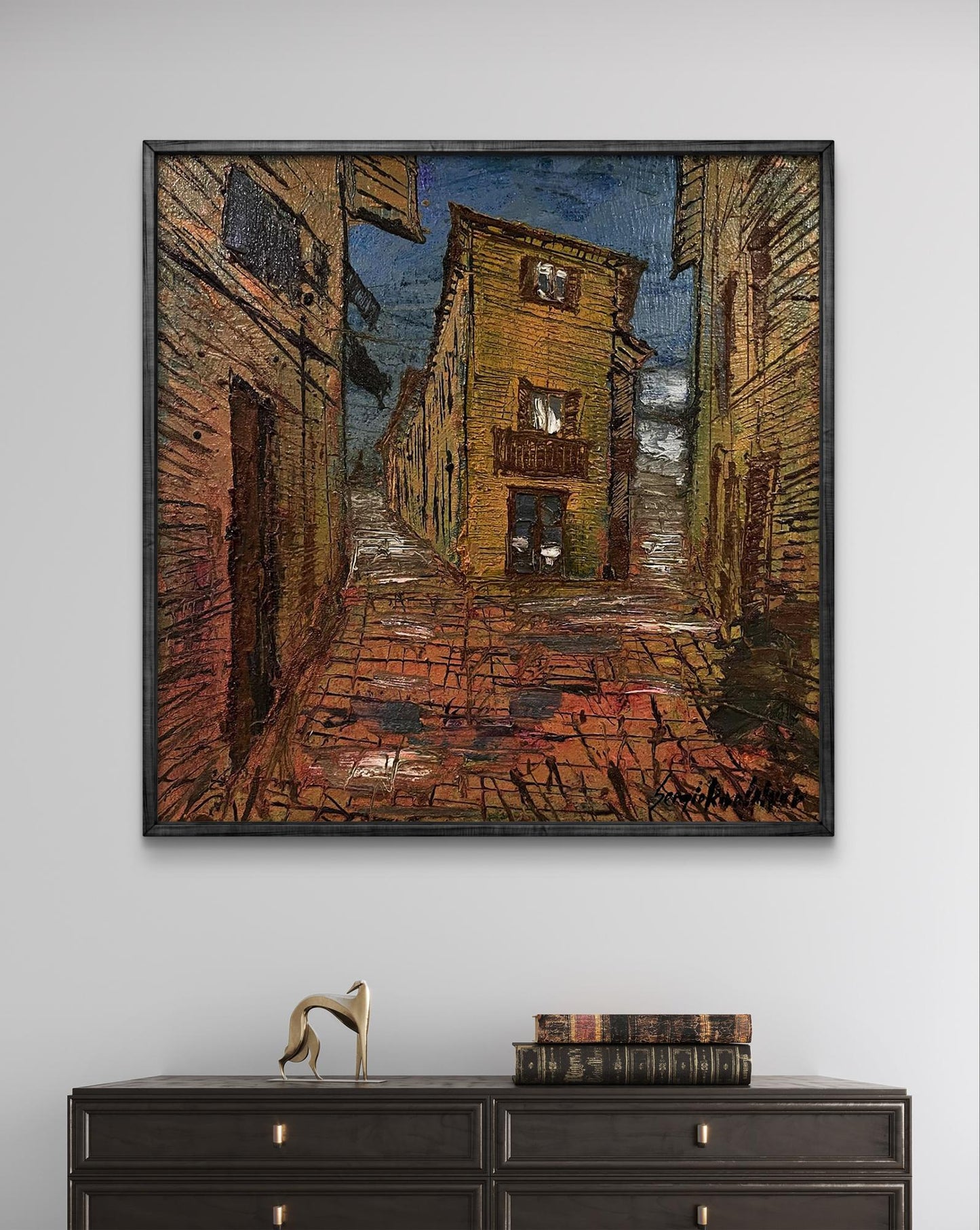 Framed oil painting of urban slums cobblestone alley by Serhiy Kovalev