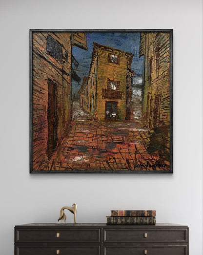 Framed oil painting of urban slums cobblestone alley by Serhiy Kovalev