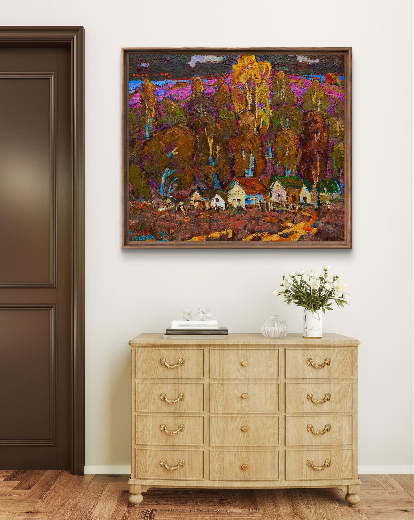Vibrant Evening Gold of the Forest oil painting by Oleksiy Ivanyuk in brown frame