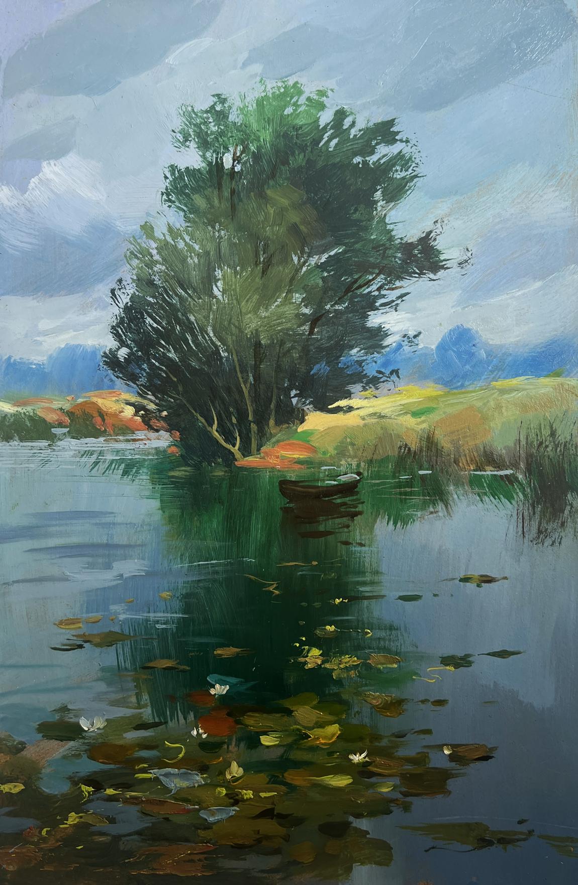 Oil painting of fishing by lonely tree by Yuriy Suprunchuk
