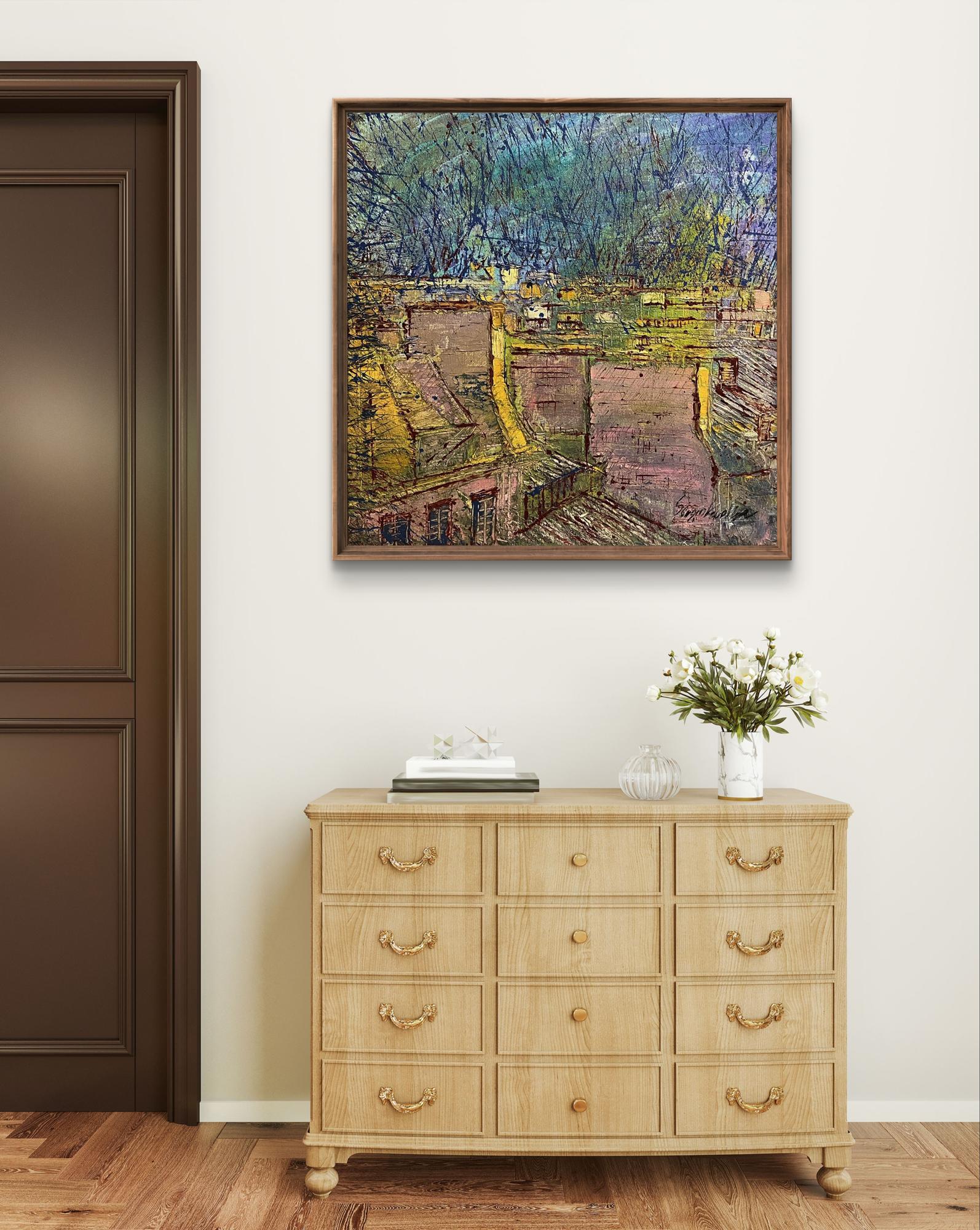 Oil painting Lightening by Serhiy Kovalev above light wood dresser