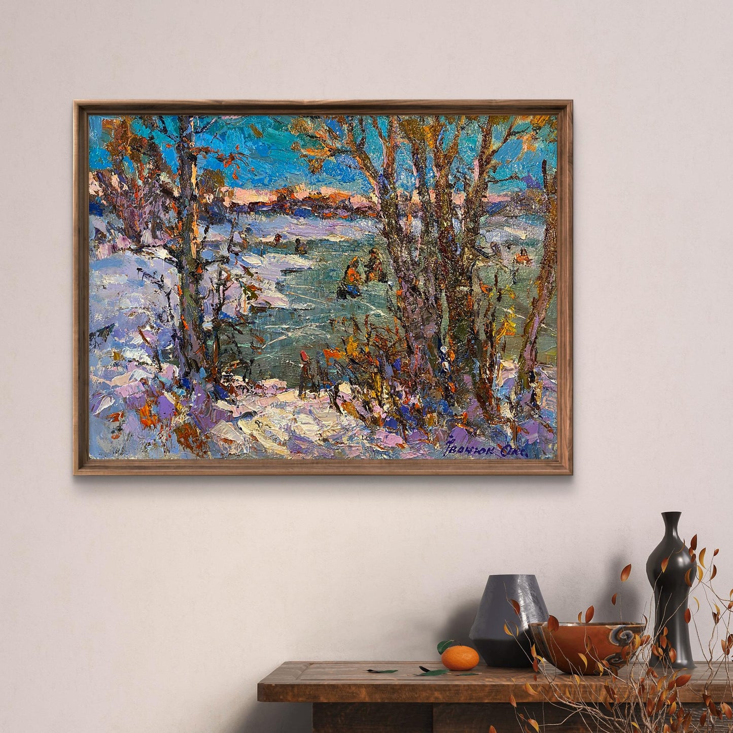Framed oil painting First ice on fishing by Oksana Ivanyuk snowy landscape