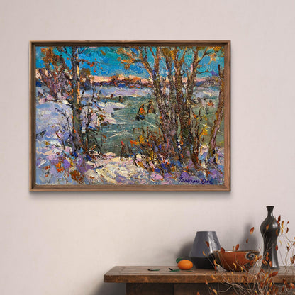 Framed oil painting First ice on fishing by Oksana Ivanyuk snowy landscape