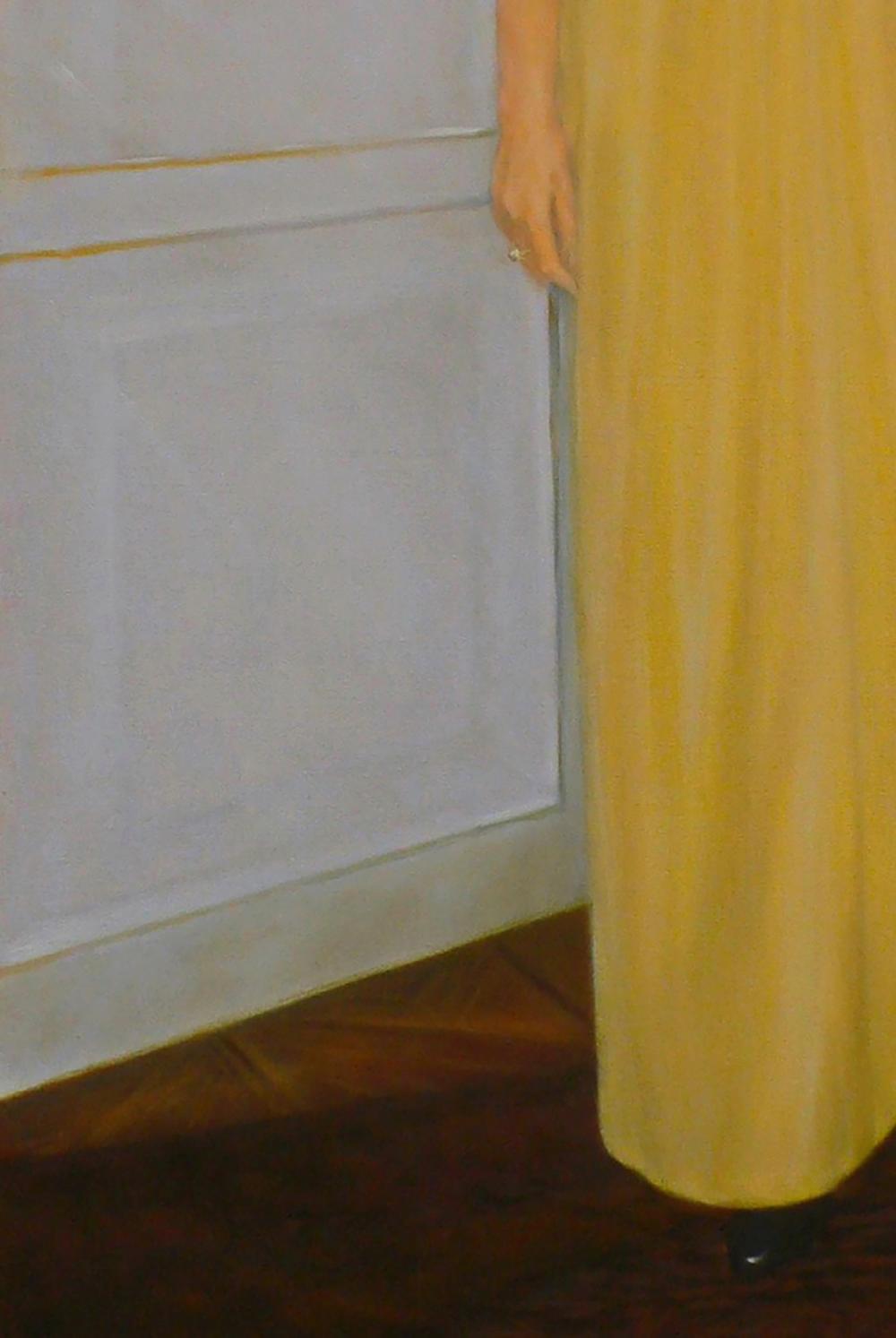 Oil painting portrait of woman in flowing yellow draped gown by Vasily Korkishko
