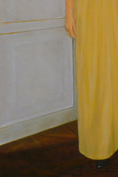 Oil painting portrait of woman in flowing yellow draped gown by Vasily Korkishko
