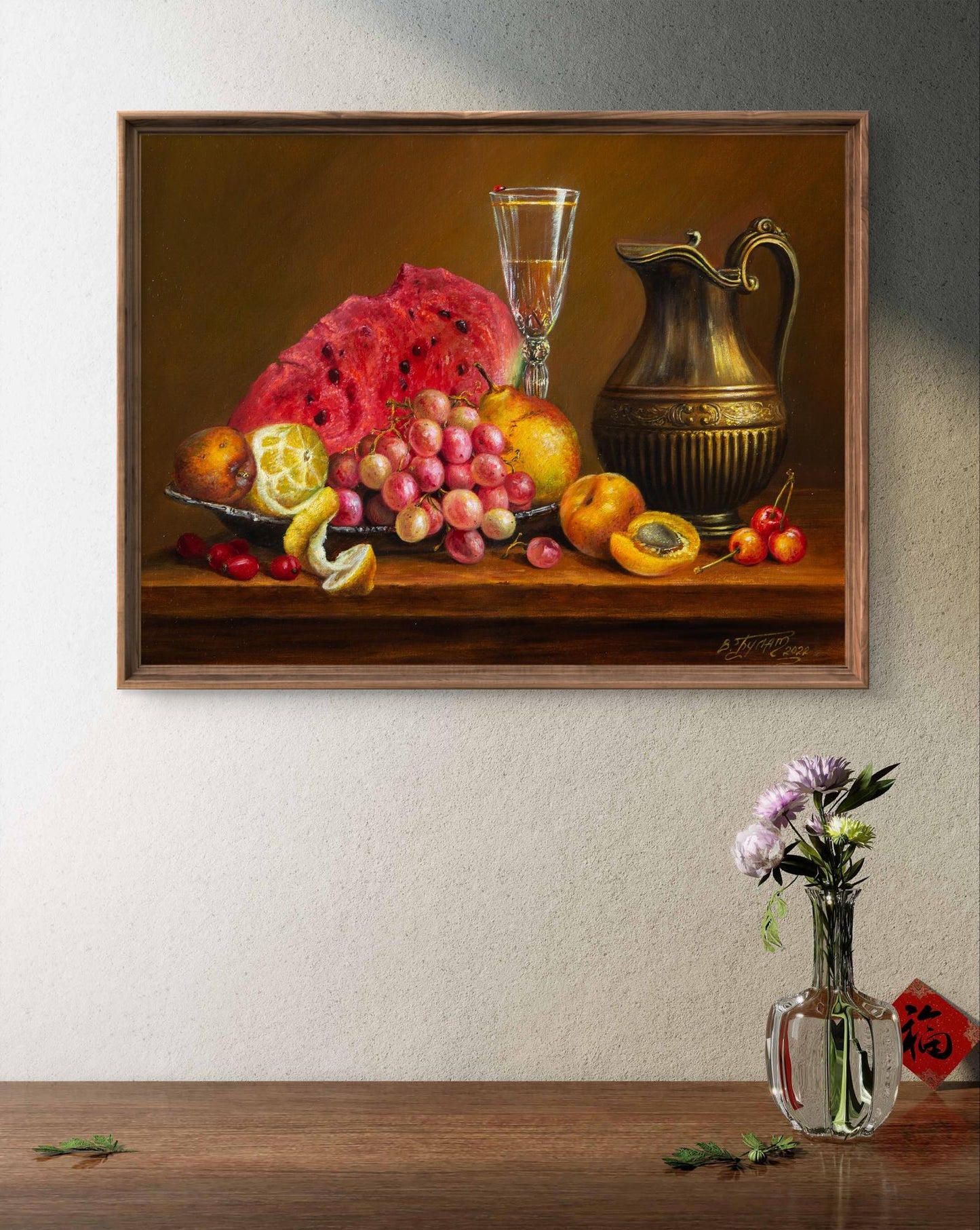 Oil painting Golden time Valeriy Bulat: vibrant watermelon and fruits