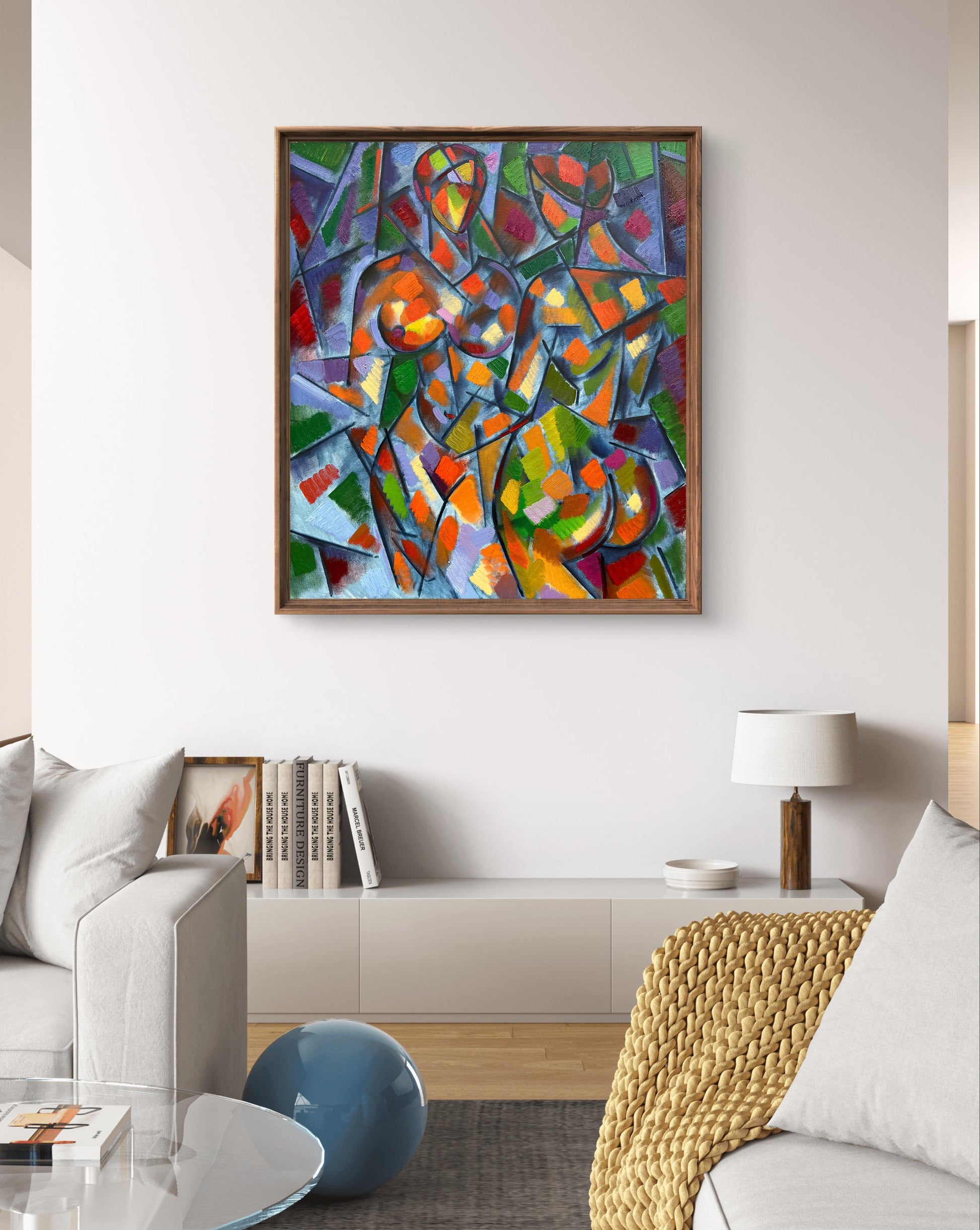 Abstract oil painting of two girls by Peter Dobrev in wooden frame