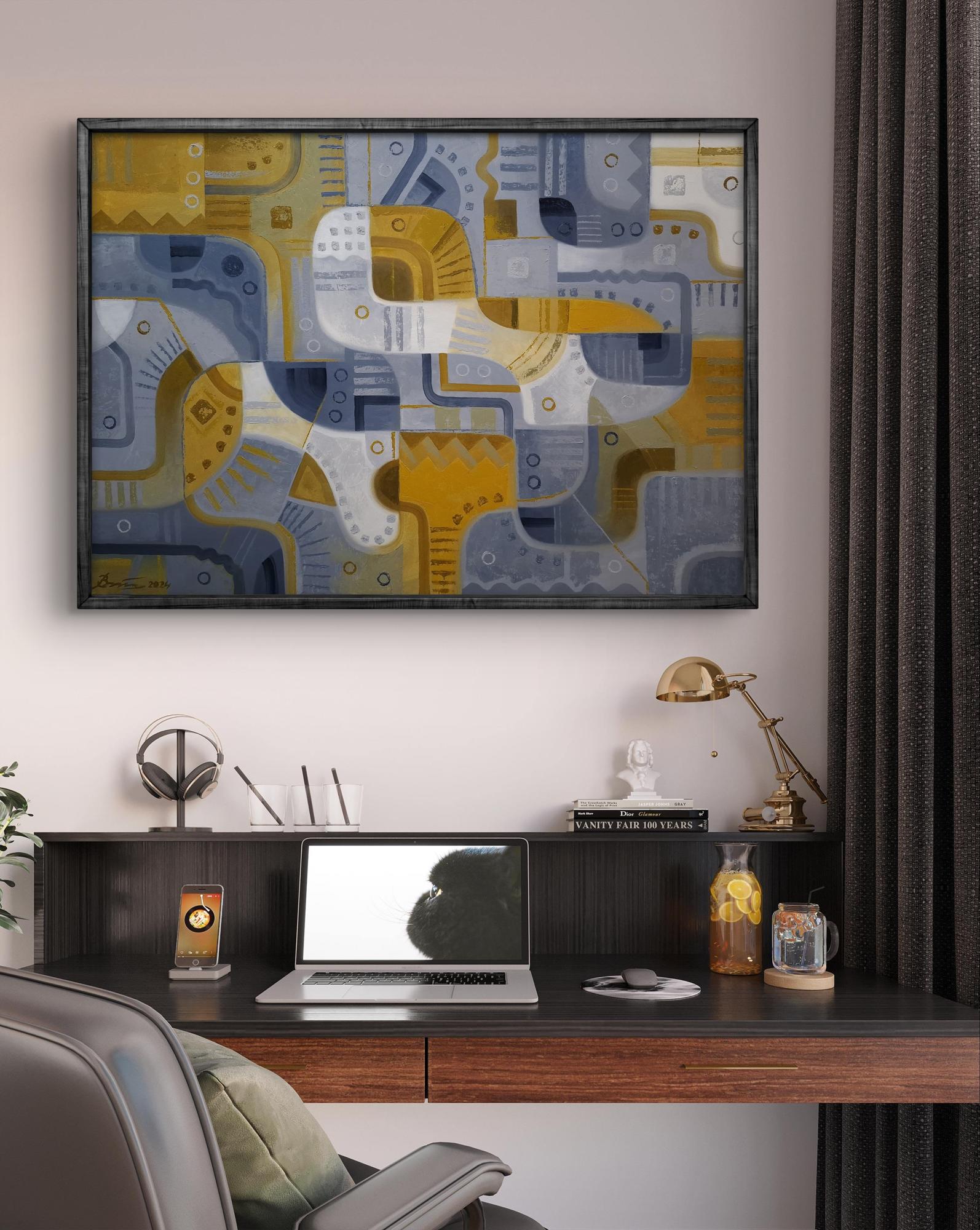 Oil painting End of November by Sergiy Voichenko, abstract geometric art in yellow, blue, gray, black frame