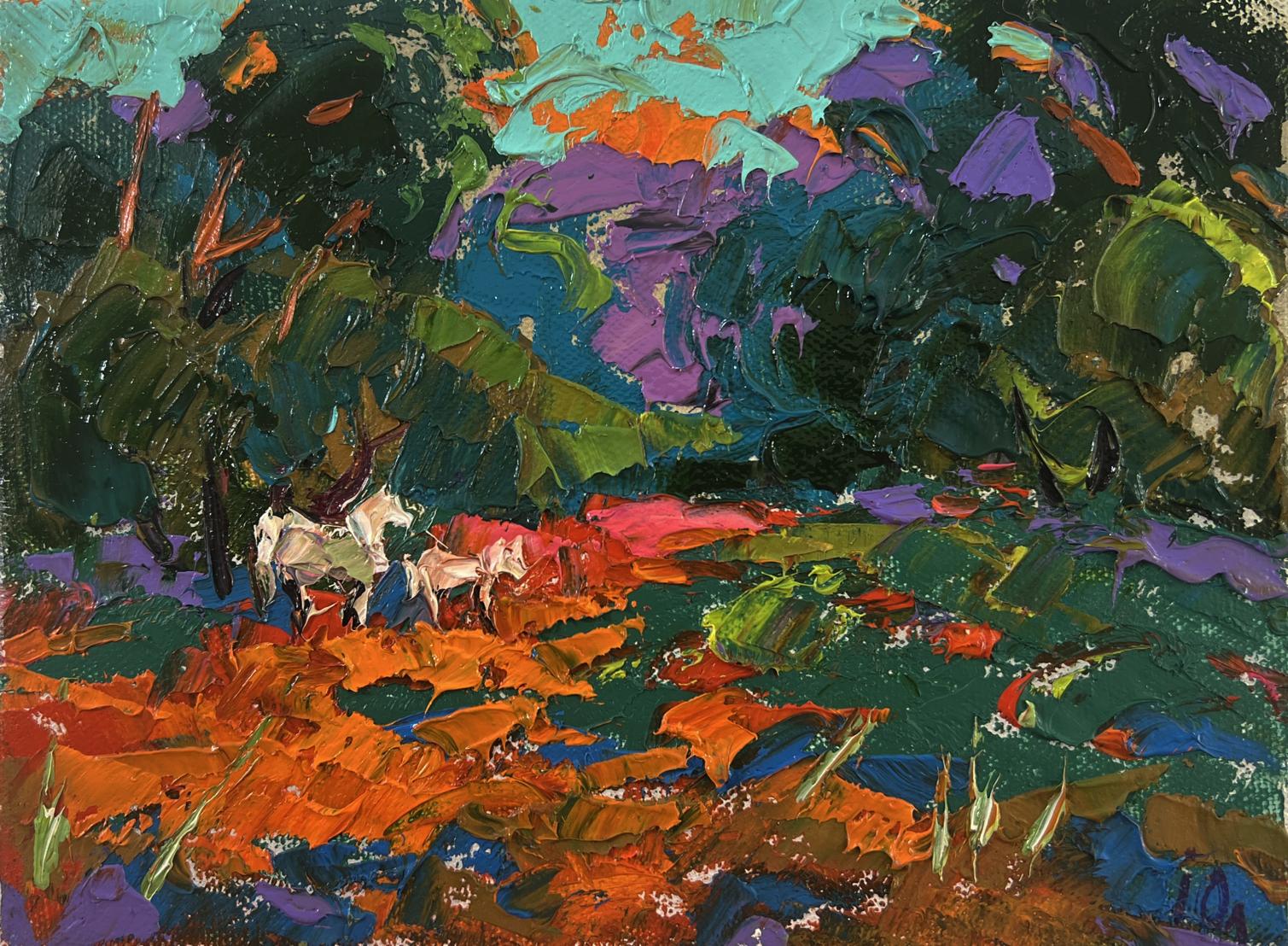 Vibrant Evening in the Forest oil painting by Oleksiy Ivanyuk with goats