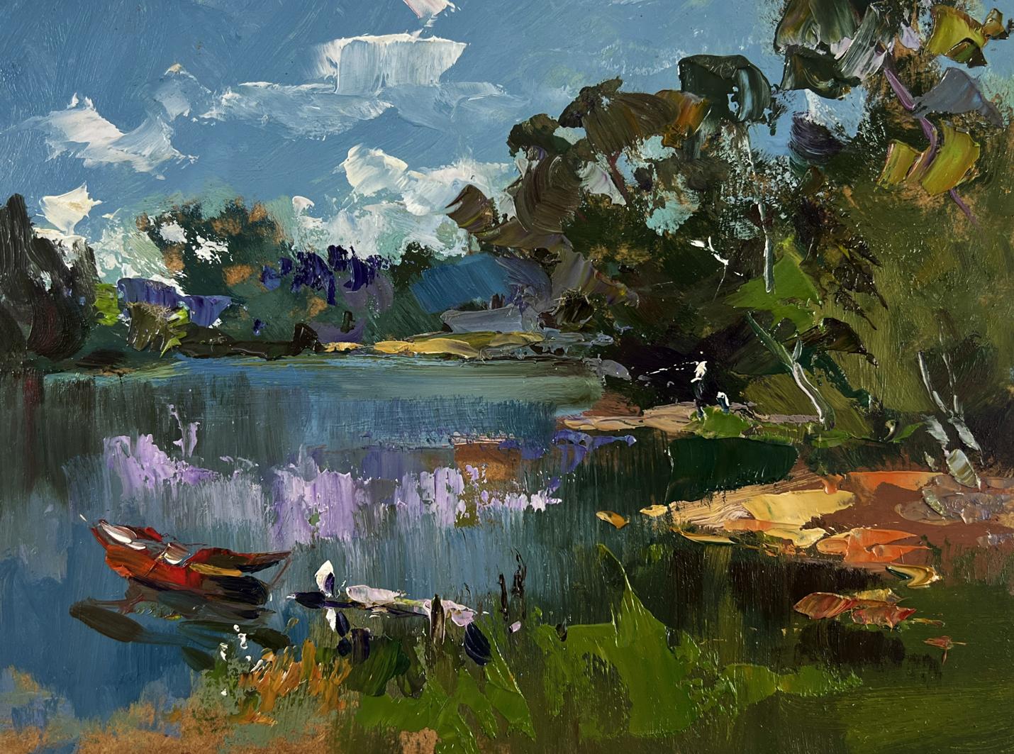Vibrant impressionist oil painting of serene river with boats by Yuriy Suprunchuk