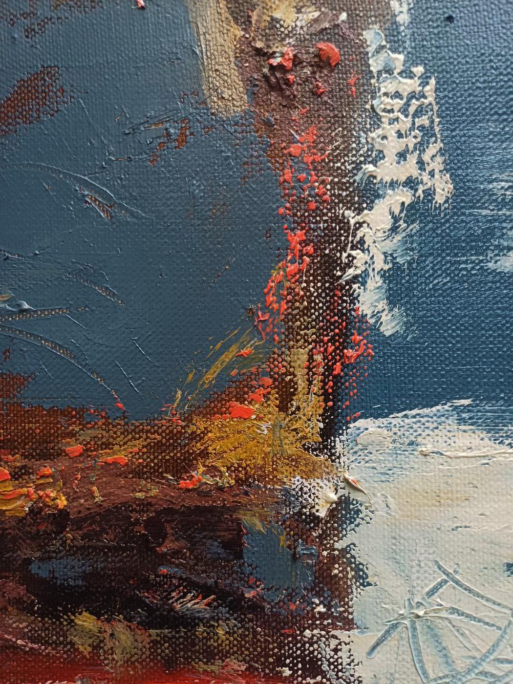 Oil painting The Copenhagen Mystery by Tatyana Shulyak, abstract impasto blues and reds