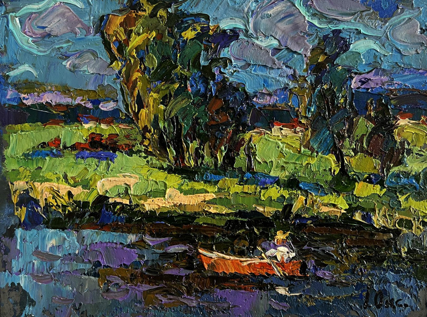 Oil painting Sunny day by the river Oksana Ivanyuk red rowboat scene