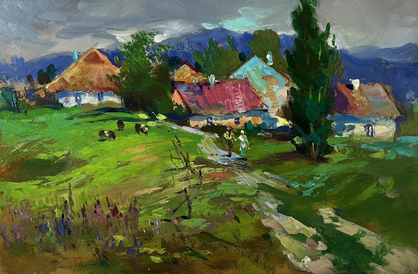 Vibrant impressionist oil painting by Yuriy Suprunchuk of path to rural field