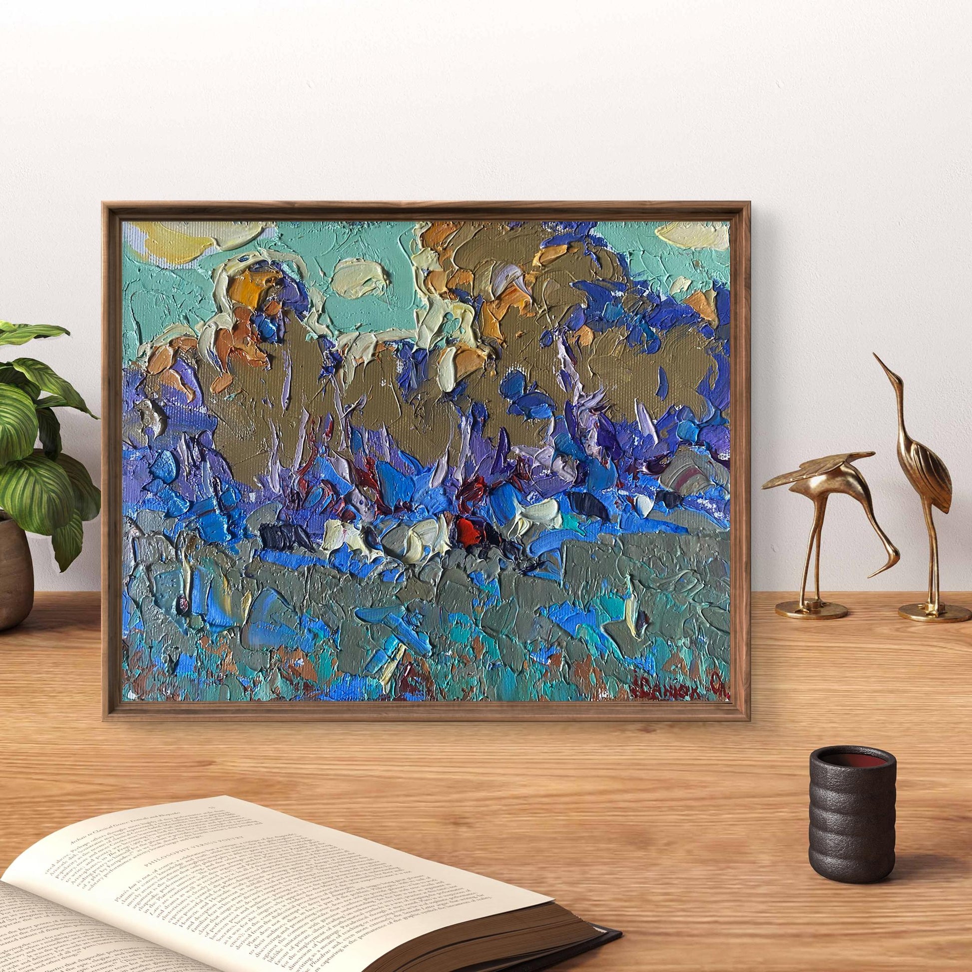 Framed oil painting They are grazing in the field by Oleksiy Ivanyuk in blue purple gold teal